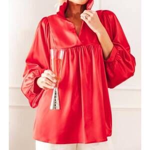 NEW ADRIENNE morgan ruffle collar satin blouse in chili pepper